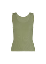 MIST SEPTEMBER by PLEATS PLEASE ISSEY MIYAKE — an olive-green, sleeveless ribbed tank top with a round neckline, showcased against a plain white background. - SAGE （no.58）