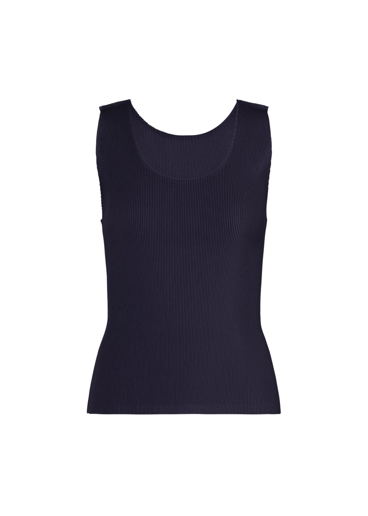 MIST SEPTEMBER sleeveless fitted navy ribbed round-neck tank top by PLEATS PLEASE ISSEY MIYAKE displayed on a white background. view 1 of 7