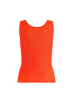 The MIST SEPTEMBER tank top by PLEATS PLEASE ISSEY MIYAKE is a bright orange, sleeveless, ribbed knit round-neck piece, displayed from the back against a plain white background.
