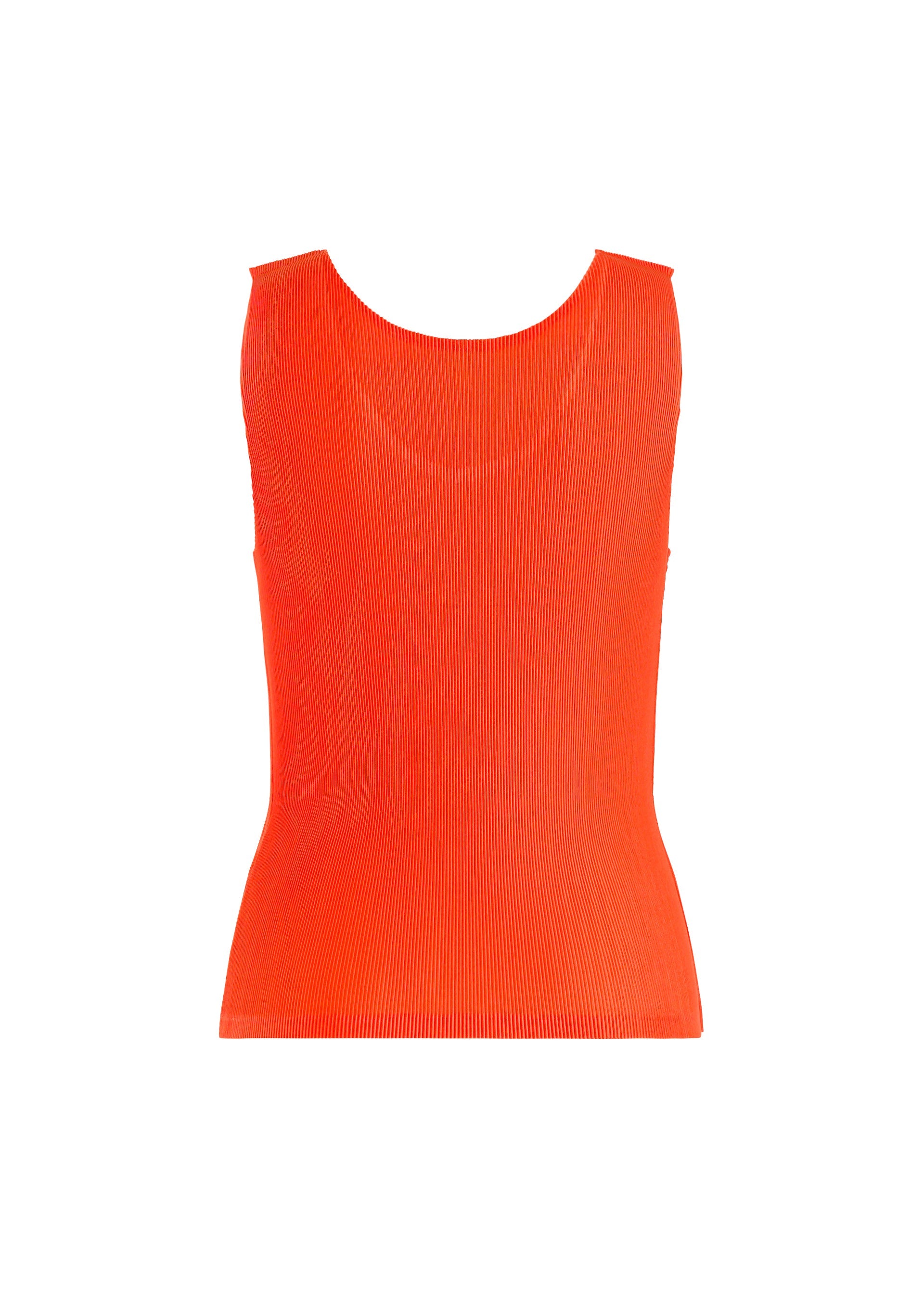 Zoomed view The MIST SEPTEMBER tank top by PLEATS PLEASE ISSEY MIYAKE is a bright orange, sleeveless, ribbed knit round-neck piece, displayed from the back against a plain white background.