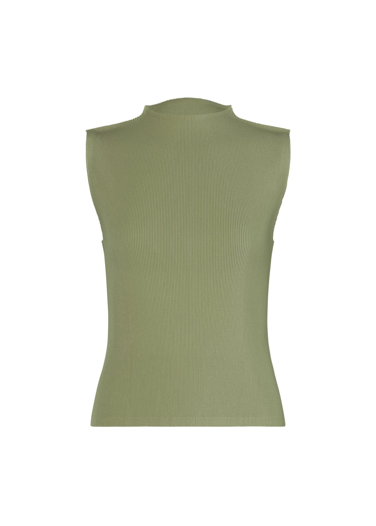 The MIST SEPTEMBER sleeveless top by PLEATS PLEASE ISSEY MIYAKE is shown in light olive-green on a white background. This high-neck piece features fine pleats throughout its ribbed, fitted silhouette, creating a lightweight and elegantly minimalist look. view 1 of 7