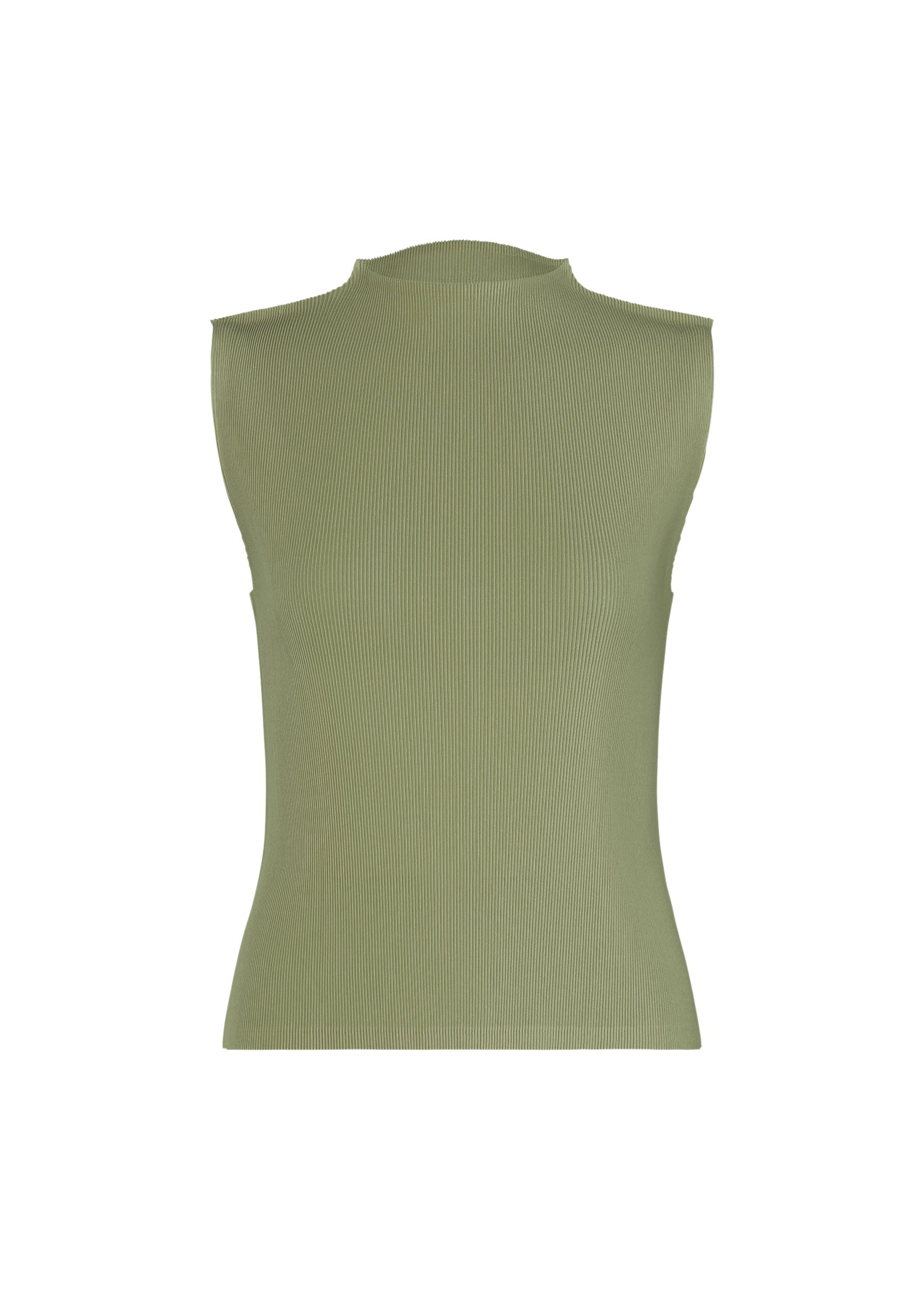 Zoomed view The MIST SEPTEMBER sleeveless top by PLEATS PLEASE ISSEY MIYAKE is shown in light olive-green on a white background. This high-neck piece features fine pleats throughout its ribbed, fitted silhouette, creating a lightweight and elegantly minimalist look. - SAGE （no.58）