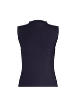 The MIST SEPTEMBER top by PLEATS PLEASE ISSEY MIYAKE is a lightweight, dark navy ribbed knit sleeveless piece featuring a high neckline, displayed from the back against a plain white background. - NAVY （no.75）