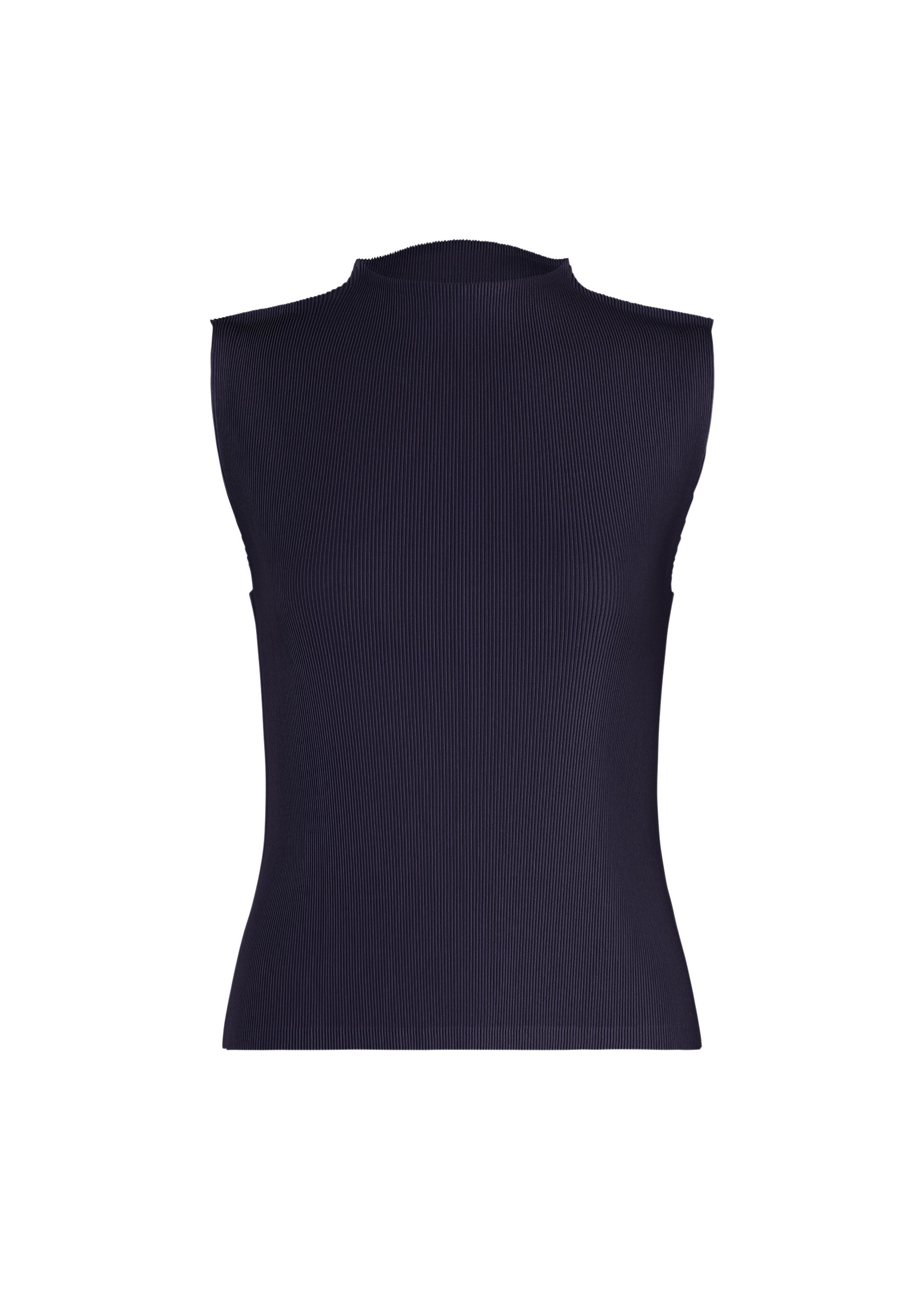 Zoomed view The MIST SEPTEMBER top by PLEATS PLEASE ISSEY MIYAKE is a lightweight, dark navy ribbed knit sleeveless piece featuring a high neckline, displayed from the back against a plain white background. - NAVY （no.75）
