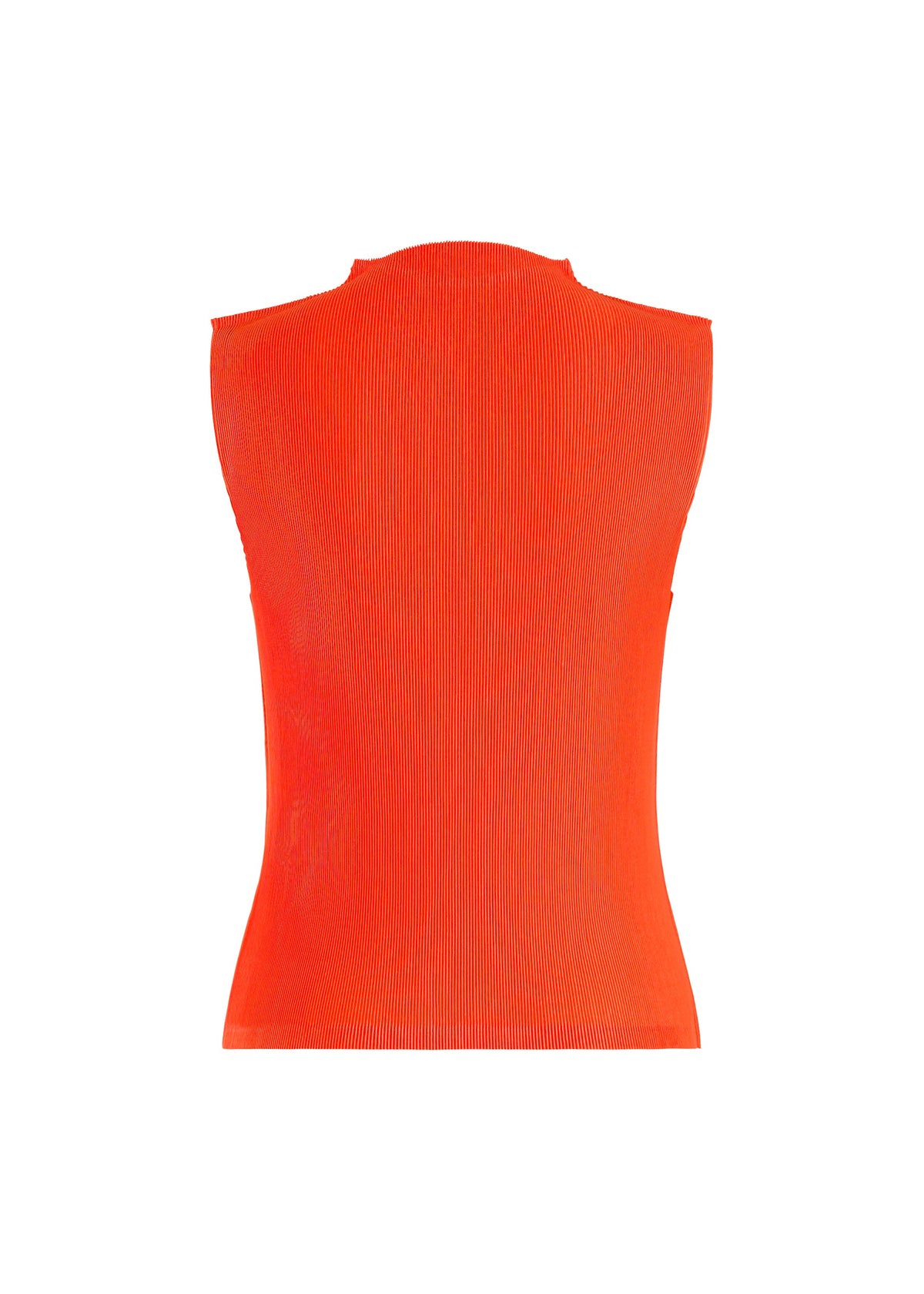 The MIST SEPTEMBER top by PLEATS PLEASE ISSEY MIYAKE is showcased from the back, featuring a sleeveless high-neck silhouette in bright orange. Crafted from finely pleated, lightweight fabric, this ribbed knit design offers subtle texture without any visible fasteners. The garment stands out against a plain white background. view 3 of 7