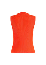 The MIST SEPTEMBER top by PLEATS PLEASE ISSEY MIYAKE is showcased from the back, featuring a sleeveless high-neck silhouette in bright orange. Crafted from finely pleated, lightweight fabric, this ribbed knit design offers subtle texture without any visible fasteners. The garment stands out against a plain white background.