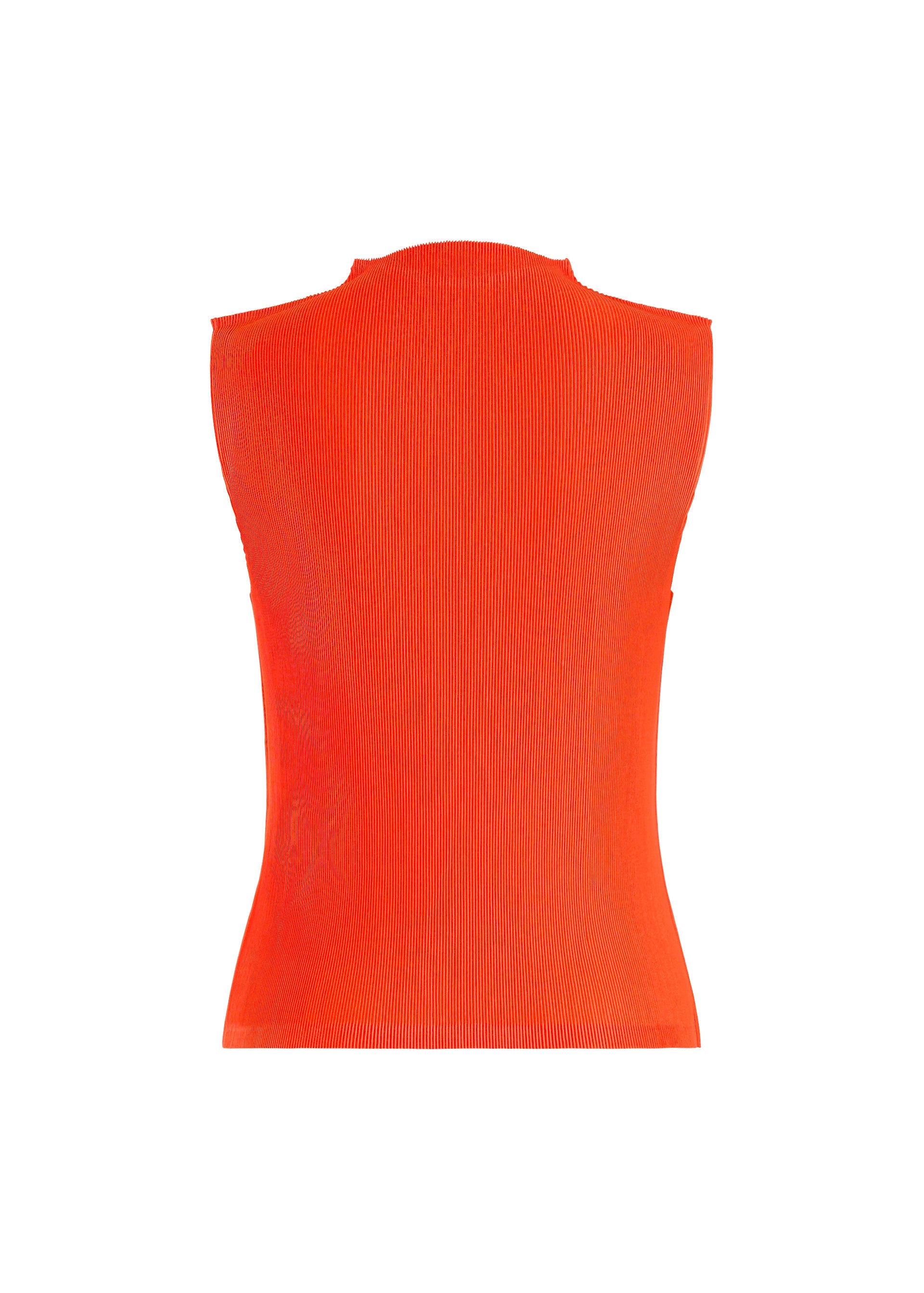 Zoomed view The MIST SEPTEMBER top by PLEATS PLEASE ISSEY MIYAKE is showcased from the back, featuring a sleeveless high-neck silhouette in bright orange. Crafted from finely pleated, lightweight fabric, this ribbed knit design offers subtle texture without any visible fasteners. The garment stands out against a plain white background.