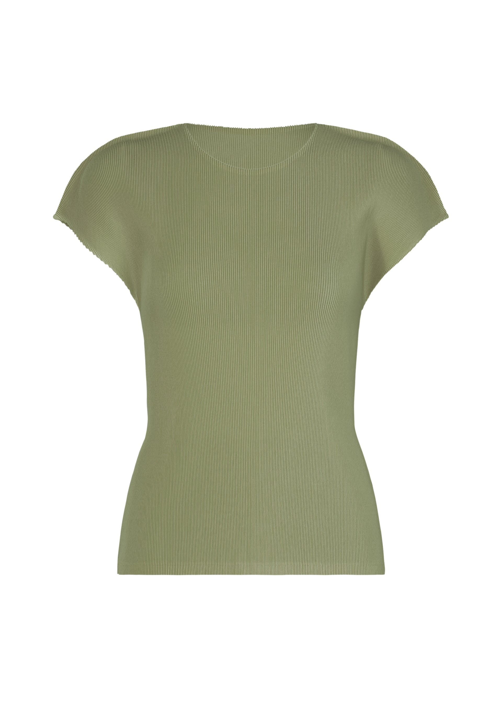 Zoomed view The MIST SEPTEMBER top by PLEATS PLEASE ISSEY MIYAKE is a fitted, short-sleeve ribbed knit round-neck shirt in light olive green, shown against a plain white background. - SAGE （no.58）