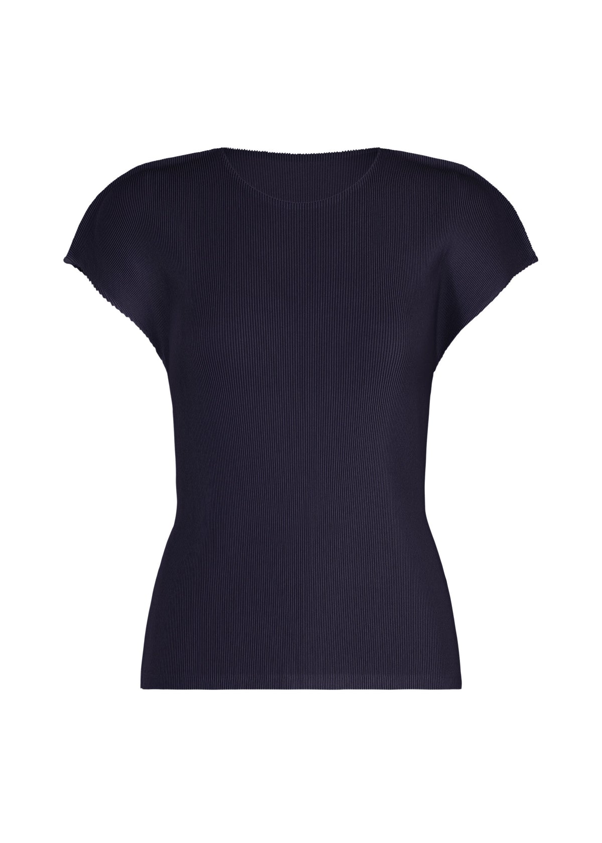 The MIST SEPTEMBER top by PLEATS PLEASE ISSEY MIYAKE is a short-sleeve, navy blue ribbed knit round-neck with a classic silhouette, presented against a plain white background. view 2 of 7