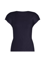 The MIST SEPTEMBER top by PLEATS PLEASE ISSEY MIYAKE is a short-sleeve, navy blue ribbed knit round-neck with a classic silhouette, presented against a plain white background. - NAVY （no.75）