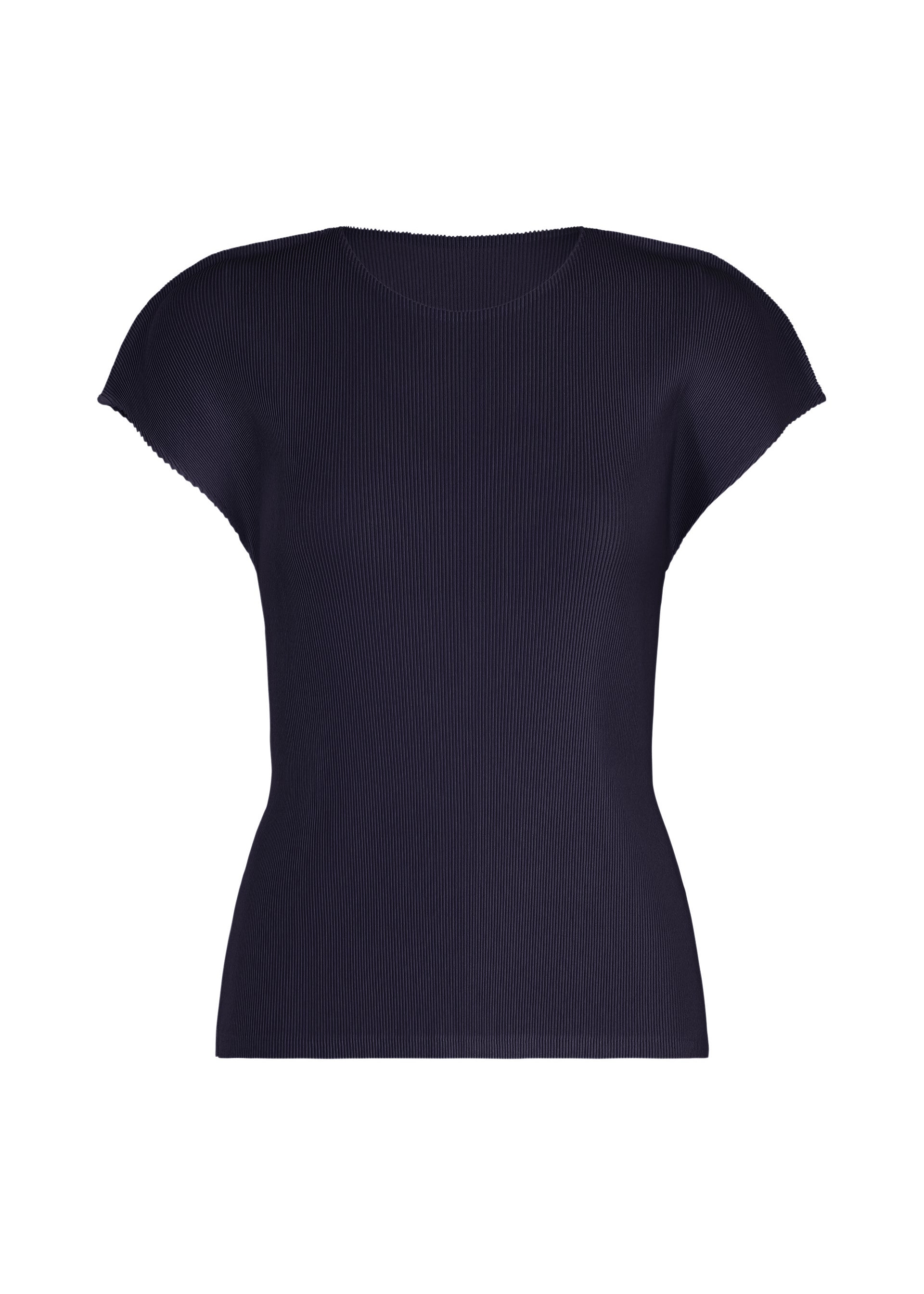 Zoomed view The MIST SEPTEMBER top by PLEATS PLEASE ISSEY MIYAKE is a short-sleeve, navy blue ribbed knit round-neck with a classic silhouette, presented against a plain white background. - NAVY （no.75）