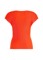 The MIST SEPTEMBER top by PLEATS PLEASE ISSEY MIYAKE is a bright orange, short-sleeve, ribbed knit piece shown from the back against a white background. This fitted round-neck top features a slightly sheer fabric and classic crew neckline, offering a modern twist on timeless style.