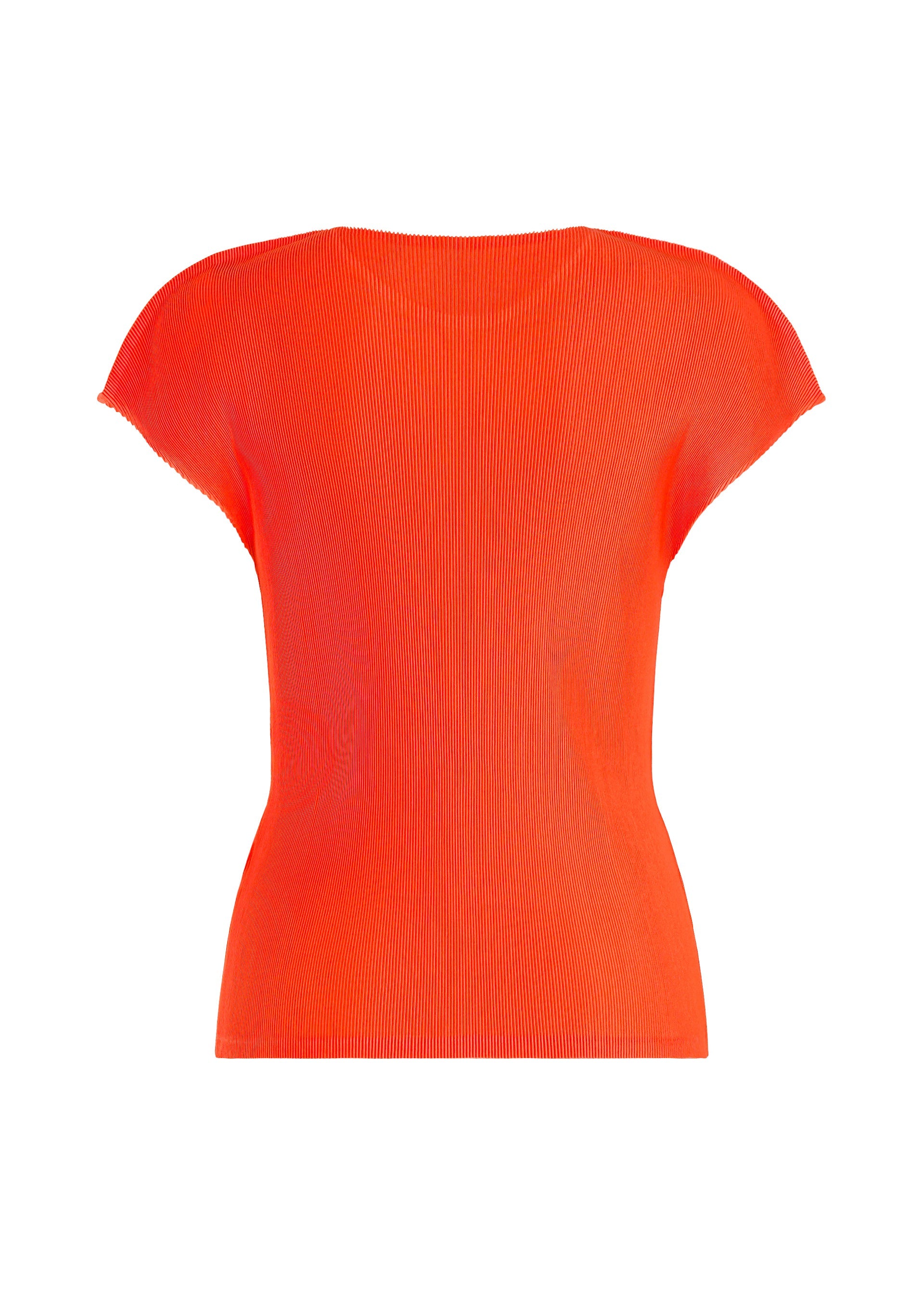 Zoomed view The MIST SEPTEMBER top by PLEATS PLEASE ISSEY MIYAKE is a bright orange, short-sleeve, ribbed knit piece shown from the back against a white background. This fitted round-neck top features a slightly sheer fabric and classic crew neckline, offering a modern twist on timeless style.
