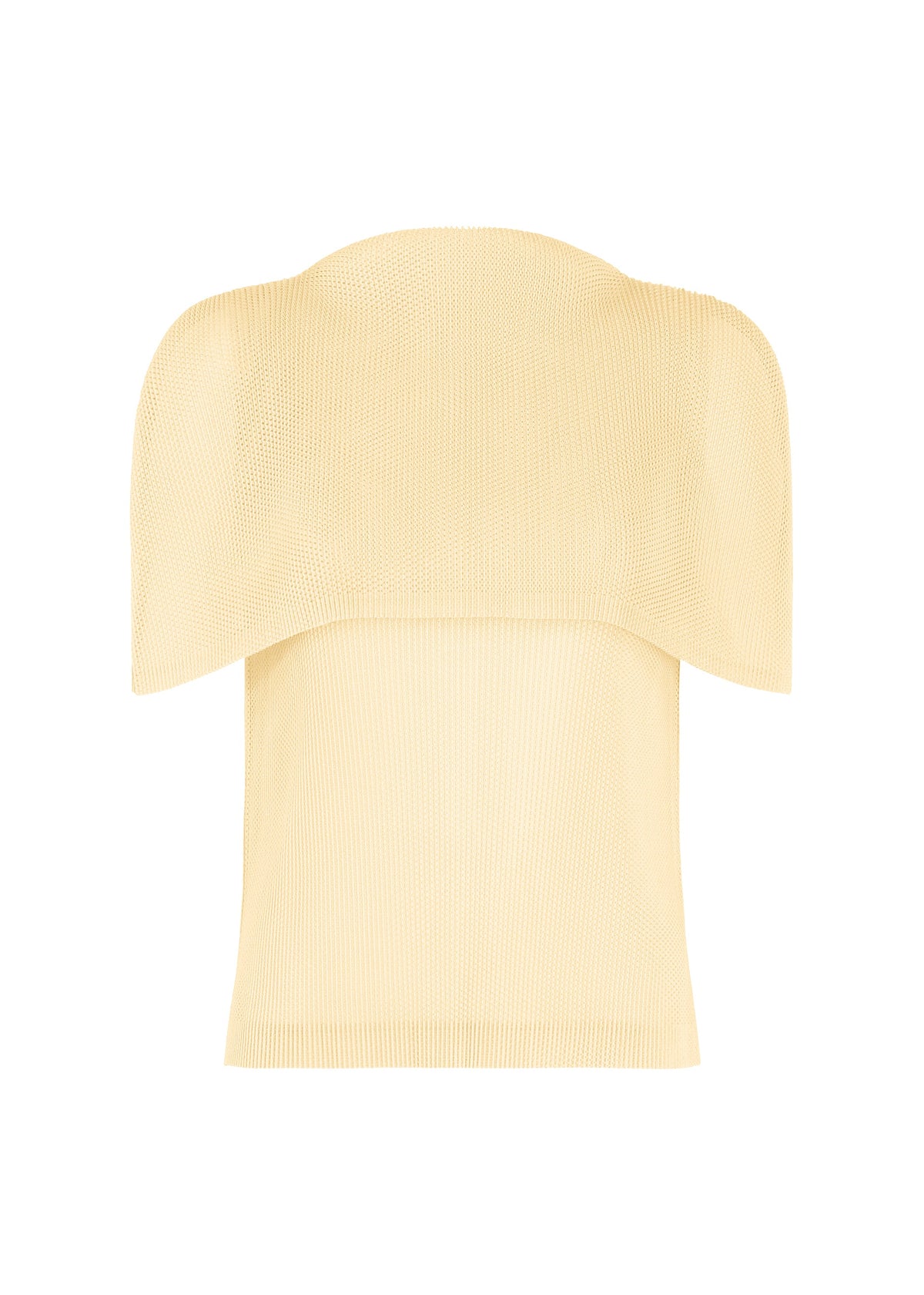 The TATAMI AUGUST by PLEATS PLEASE ISSEY MIYAKE is a beige or light yellow short-sleeve knit top featuring a wide, structured overlay across the shoulders and chest, shown against a plain white background. view 1 of 9