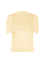 The TATAMI AUGUST by PLEATS PLEASE ISSEY MIYAKE is a beige or light yellow short-sleeve knit top featuring a wide, structured overlay across the shoulders and chest, shown against a plain white background. - OFF WHITE （no.02）