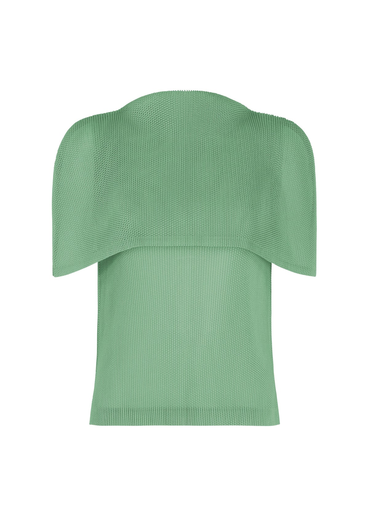 TATAMI AUGUST by PLEATS PLEASE ISSEY MIYAKE is a green, structured knit boat-neck top with a curved, wide neckline and shoulder overlay displayed on a white background. The design features pleating across the sculptural upper panel, paired with a fitted lower bodice for a modern silhouette. view 2 of 9
