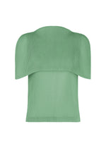TATAMI AUGUST by PLEATS PLEASE ISSEY MIYAKE is a green, structured knit boat-neck top with a curved, wide neckline and shoulder overlay displayed on a white background. The design features pleating across the sculptural upper panel, paired with a fitted lower bodice for a modern silhouette. - GRAYISH GREEN （no.61）