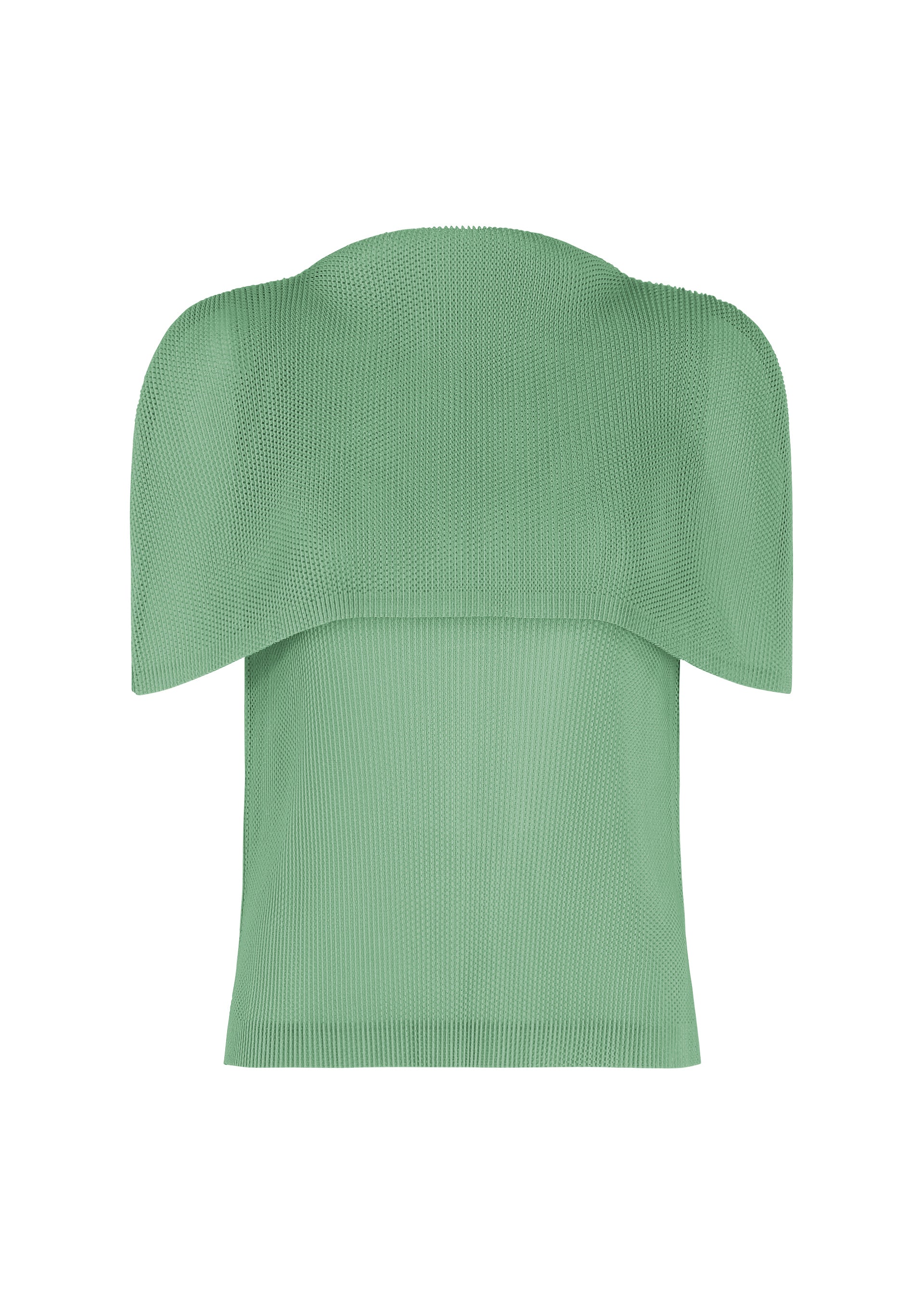 Zoomed view TATAMI AUGUST by PLEATS PLEASE ISSEY MIYAKE is a green, structured knit boat-neck top with a curved, wide neckline and shoulder overlay displayed on a white background. The design features pleating across the sculptural upper panel, paired with a fitted lower bodice for a modern silhouette. - GRAYISH GREEN （no.61）