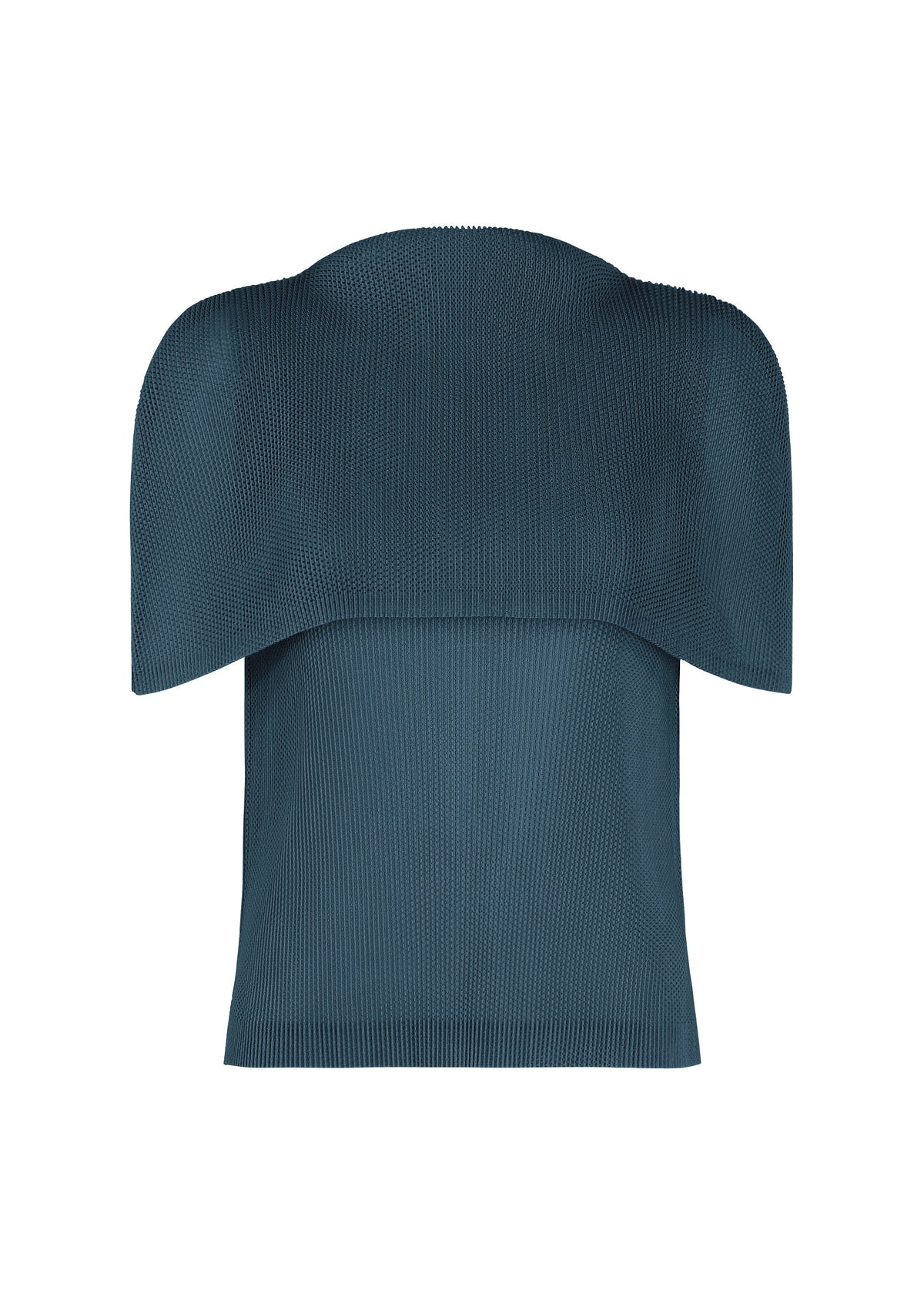 TATAMI AUGUST by PLEATS PLEASE ISSEY MIYAKE is a dark teal, sleeveless boat-neck top featuring a textured finish and a structured, sculptural overlay that drapes gracefully over the shoulders for a modern, architectural silhouette. Subtle pleating enhances its contemporary design. Displayed against a plain white background. view 3 of 9
