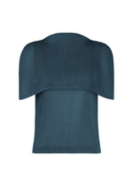 TATAMI AUGUST by PLEATS PLEASE ISSEY MIYAKE is a dark teal, sleeveless boat-neck top featuring a textured finish and a structured, sculptural overlay that drapes gracefully over the shoulders for a modern, architectural silhouette. Subtle pleating enhances its contemporary design. Displayed against a plain white background. - MARINE BLUE （no.79）
