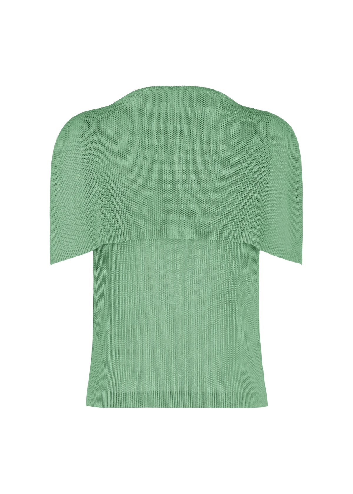 The TATAMI AUGUST by PLEATS PLEASE ISSEY MIYAKE is a light green, short-sleeved ribbed knit top featuring a layered design with subtle mesh fabric accents, displayed against a plain white background. view 4 of 9