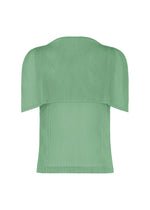 The TATAMI AUGUST by PLEATS PLEASE ISSEY MIYAKE is a light green, short-sleeved ribbed knit top featuring a layered design with subtle mesh fabric accents, displayed against a plain white background.