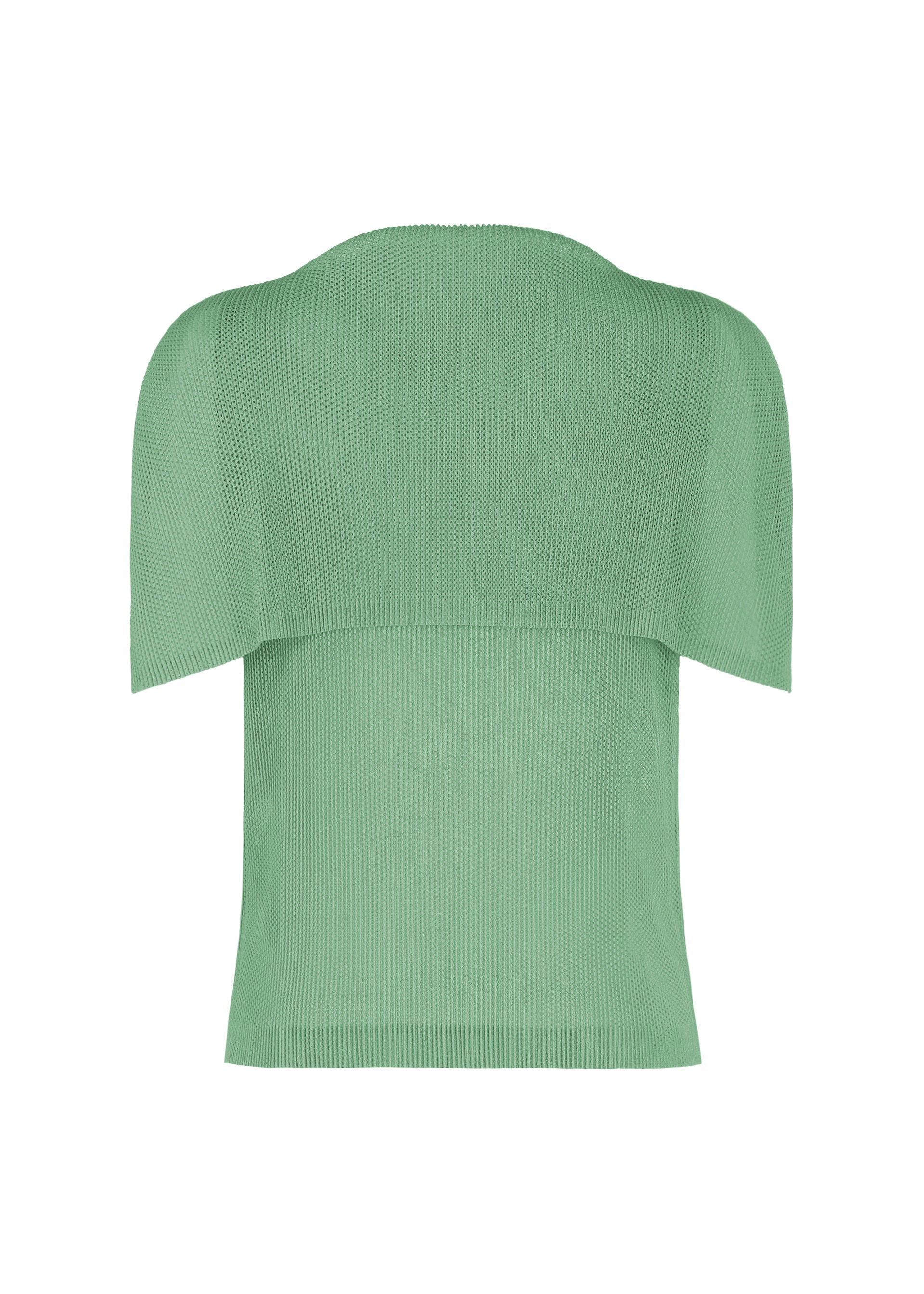 Zoomed view The TATAMI AUGUST by PLEATS PLEASE ISSEY MIYAKE is a light green, short-sleeved ribbed knit top featuring a layered design with subtle mesh fabric accents, displayed against a plain white background.
