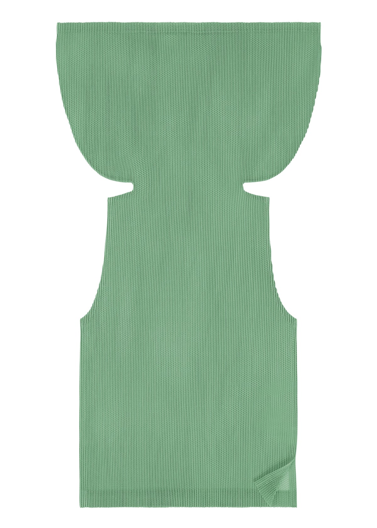 A subtly pleated, green rectangular mesh fabric piece from PLEATS PLEASE ISSEY MIYAKE’s TATAMI AUGUST collection, featuring a textured finish, a curved top reminiscent of a boat-neck silhouette with notches on each side, and a slightly folded bottom right corner. view 5 of 9