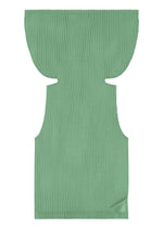A subtly pleated, green rectangular mesh fabric piece from PLEATS PLEASE ISSEY MIYAKE’s TATAMI AUGUST collection, featuring a textured finish, a curved top reminiscent of a boat-neck silhouette with notches on each side, and a slightly folded bottom right corner.