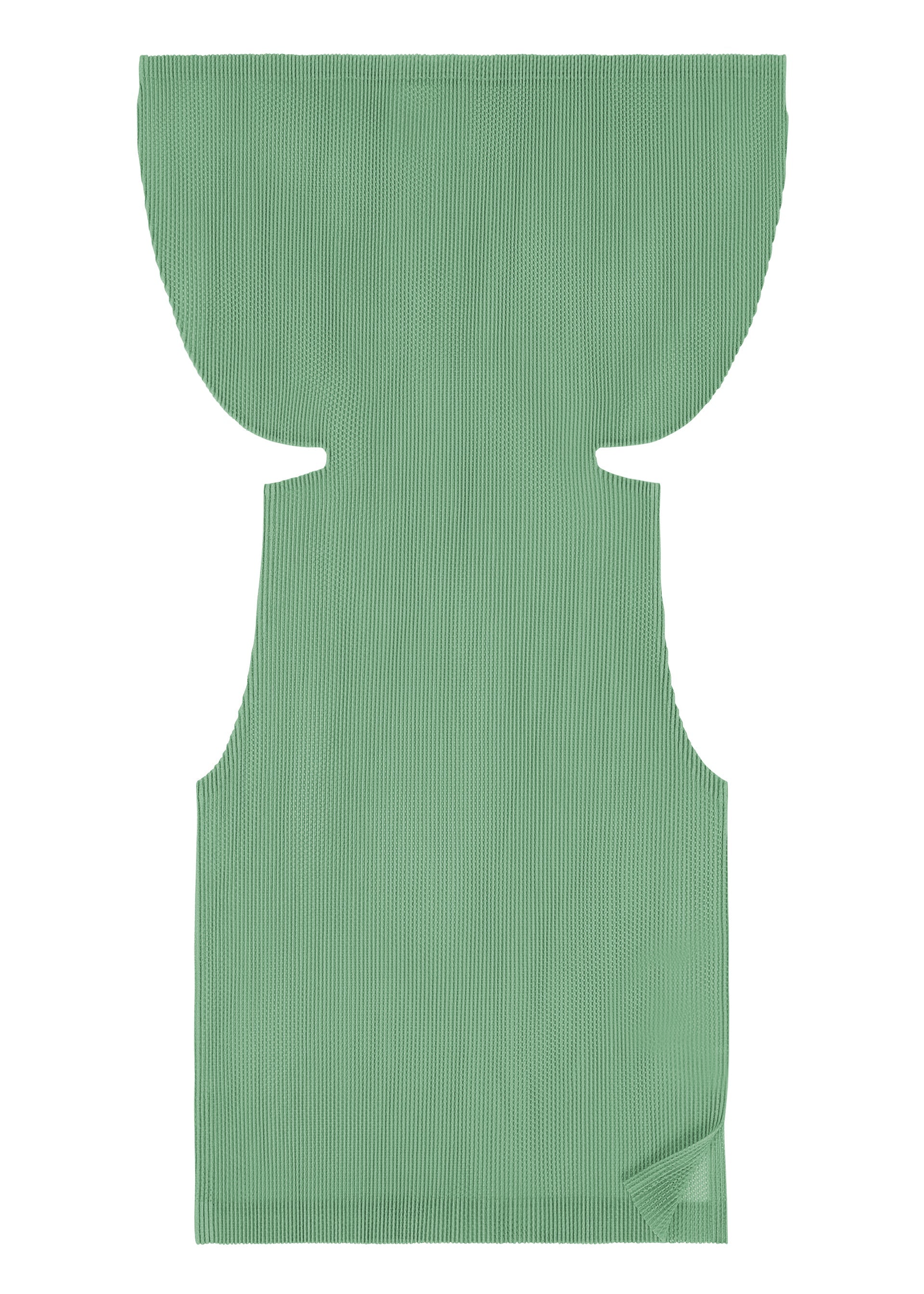 Zoomed view A subtly pleated, green rectangular mesh fabric piece from PLEATS PLEASE ISSEY MIYAKE’s TATAMI AUGUST collection, featuring a textured finish, a curved top reminiscent of a boat-neck silhouette with notches on each side, and a slightly folded bottom right corner.