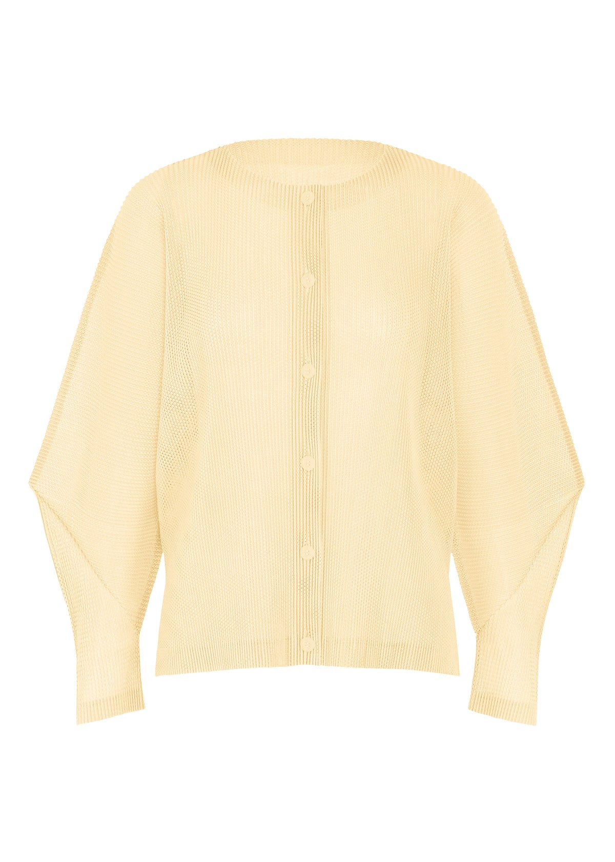The TATAMI AUGUST cardigan by PLEATS PLEASE ISSEY MIYAKE is a cream-colored, long-sleeve pleated mesh design featuring a ribbed texture, button-down front, and round neckline, displayed on a plain white background. view 1 of 9