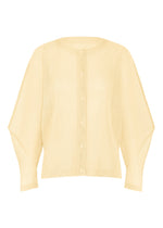 The TATAMI AUGUST cardigan by PLEATS PLEASE ISSEY MIYAKE is a cream-colored, long-sleeve pleated mesh design featuring a ribbed texture, button-down front, and round neckline, displayed on a plain white background. - OFF WHITE （no.02）