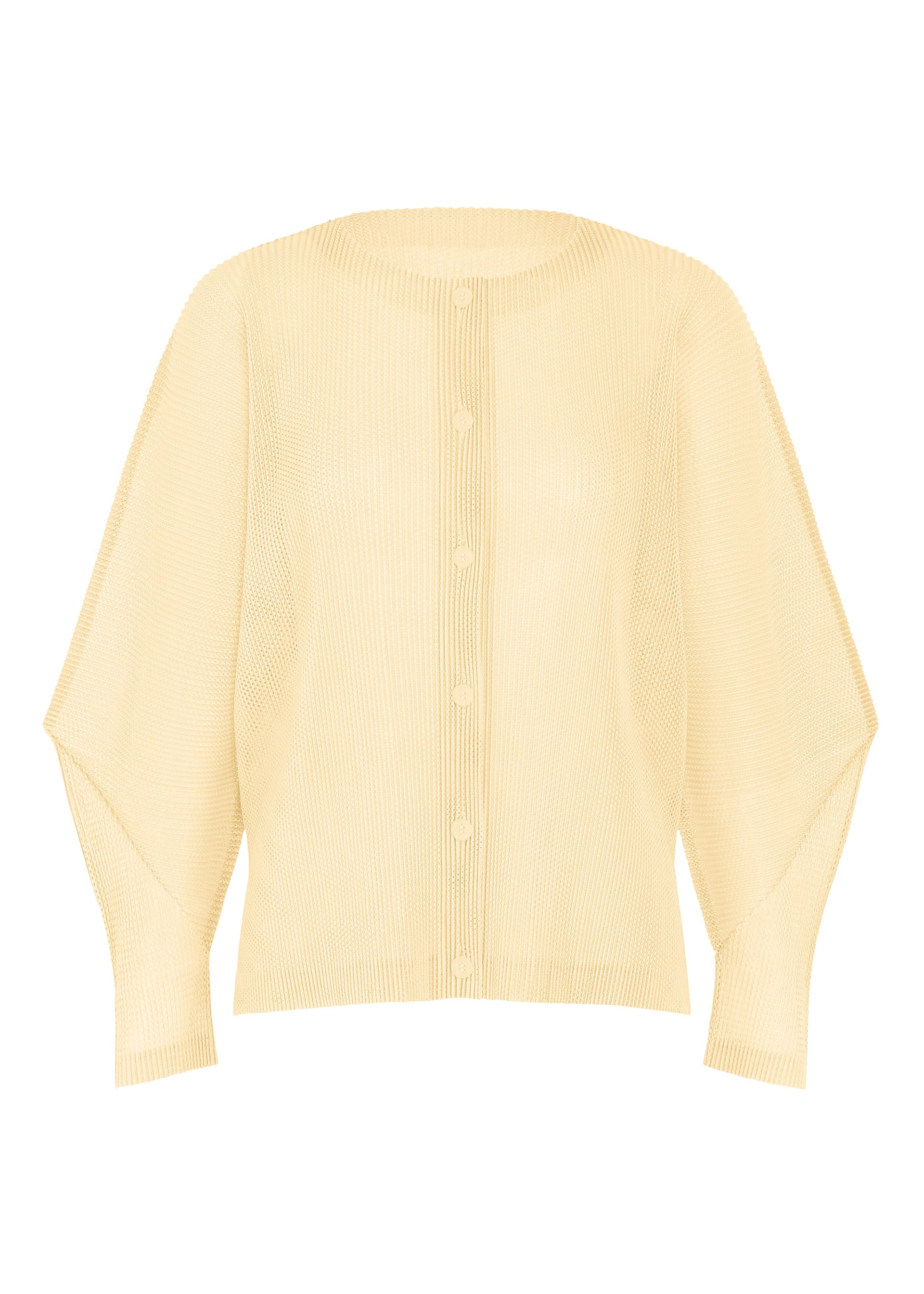 Zoomed view The TATAMI AUGUST cardigan by PLEATS PLEASE ISSEY MIYAKE is a cream-colored, long-sleeve pleated mesh design featuring a ribbed texture, button-down front, and round neckline, displayed on a plain white background. - OFF WHITE （no.02）