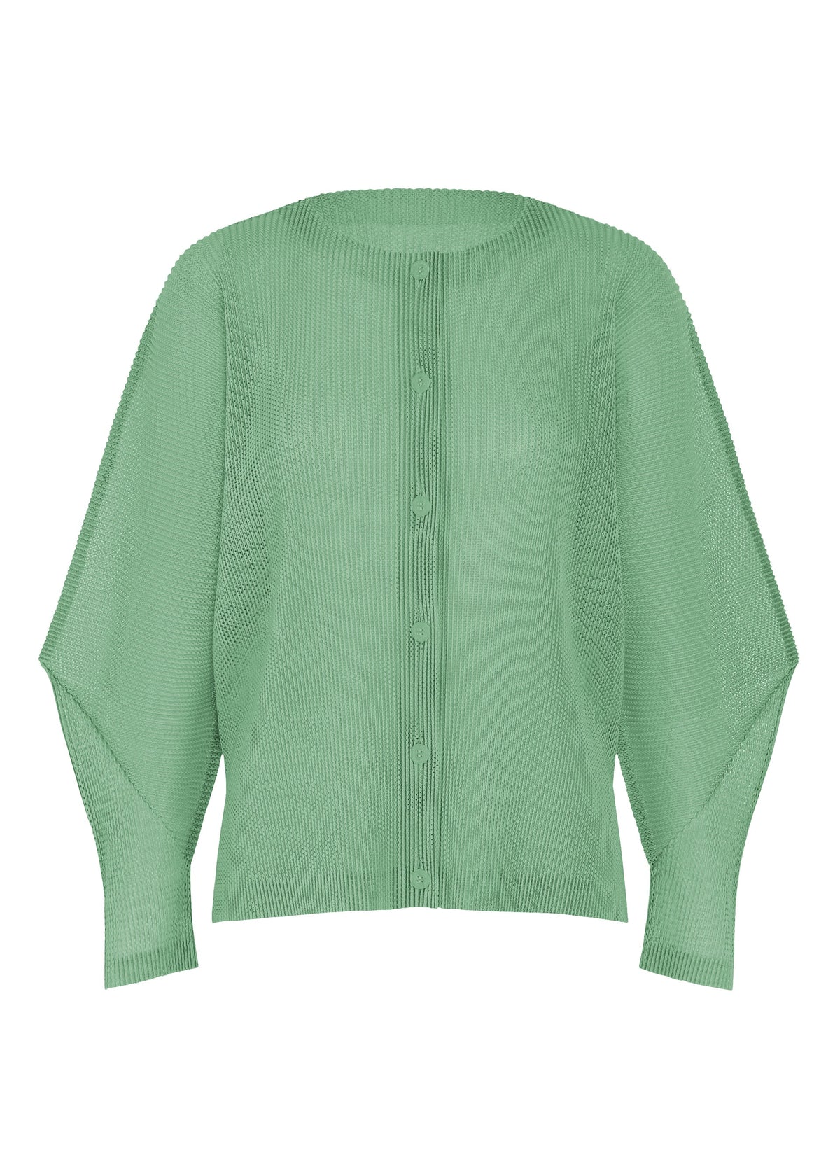 The TATAMI AUGUST cardigan by PLEATS PLEASE ISSEY MIYAKE is a light green, long-sleeve piece featuring buttons, a ribbed texture, and a relaxed fit in cool tones, shown against a white background. view 2 of 9