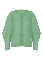 The TATAMI AUGUST cardigan by PLEATS PLEASE ISSEY MIYAKE is a light green, long-sleeve piece featuring buttons, a ribbed texture, and a relaxed fit in cool tones, shown against a white background. - GRAYISH GREEN （no.61）