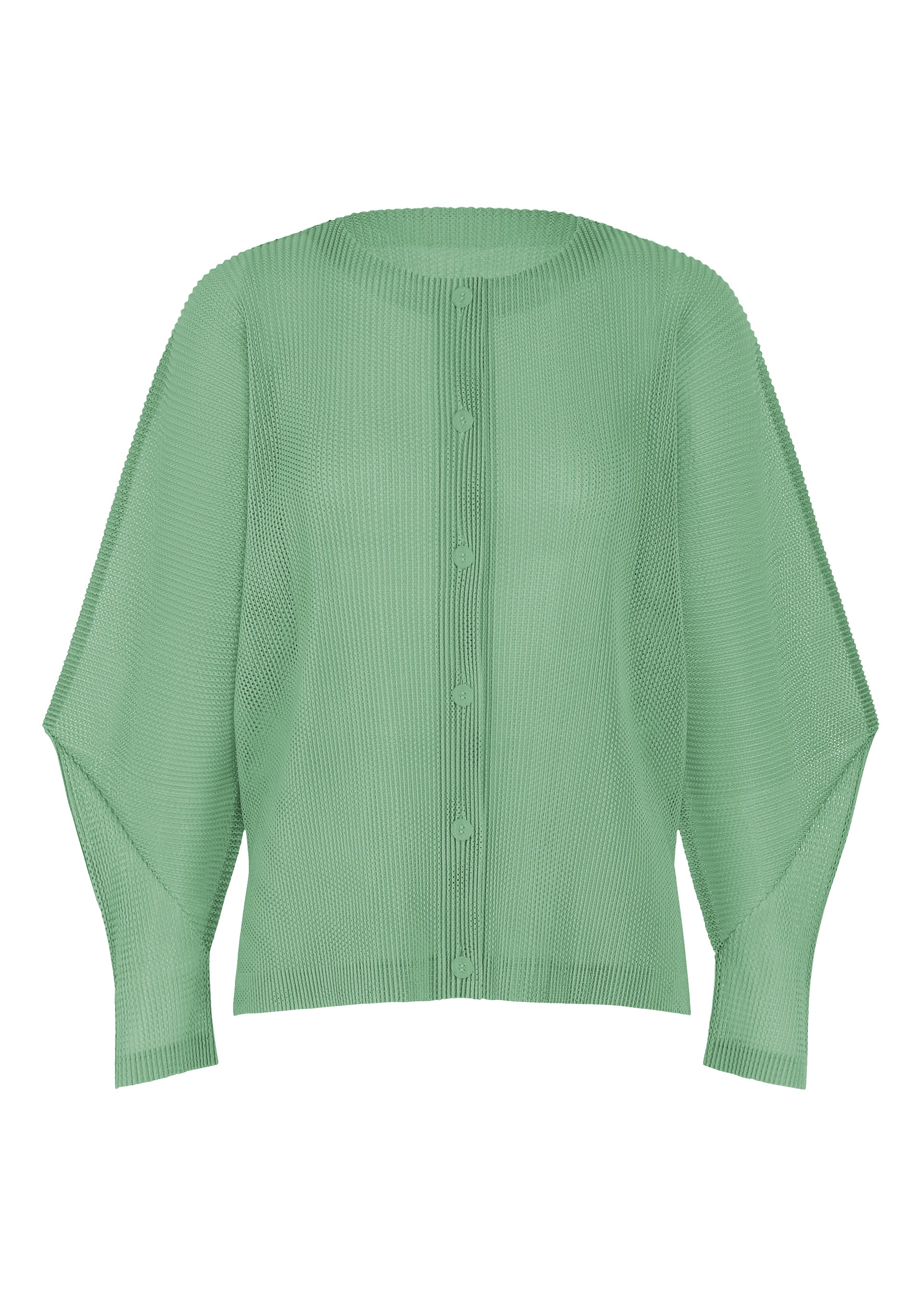 Zoomed view The TATAMI AUGUST cardigan by PLEATS PLEASE ISSEY MIYAKE is a light green, long-sleeve piece featuring buttons, a ribbed texture, and a relaxed fit in cool tones, shown against a white background. - GRAYISH GREEN （no.61）