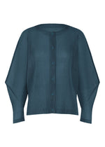 The TATAMI AUGUST cardigan from PLEATS PLEASE ISSEY MIYAKE features a ribbed texture and relaxed fit in teal, showcased on a plain white background—an effortlessly stylish button-up long-sleeve piece that highlights one of this season’s coolest-feeling colors. - MARINE BLUE （no.79）