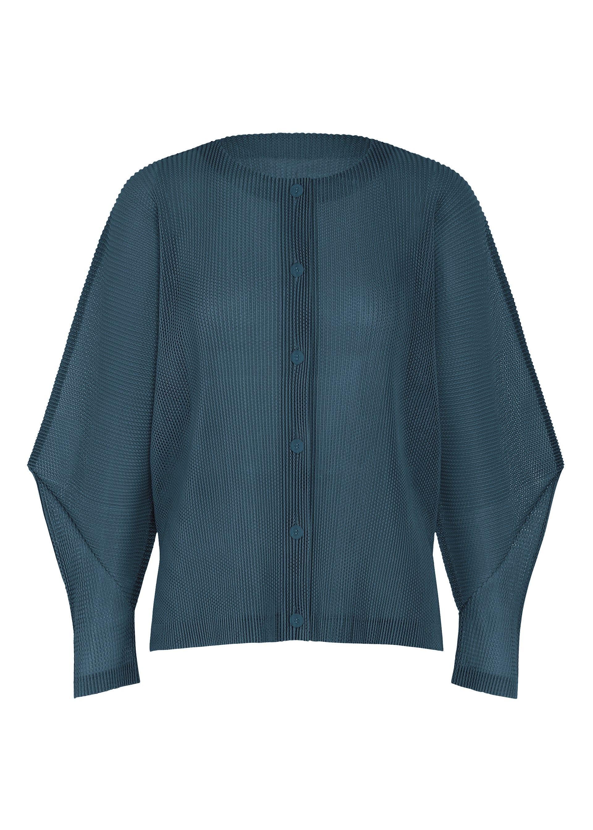 Zoomed view The TATAMI AUGUST cardigan from PLEATS PLEASE ISSEY MIYAKE features a ribbed texture and relaxed fit in teal, showcased on a plain white background—an effortlessly stylish button-up long-sleeve piece that highlights one of this season’s coolest-feeling colors. - MARINE BLUE （no.79）