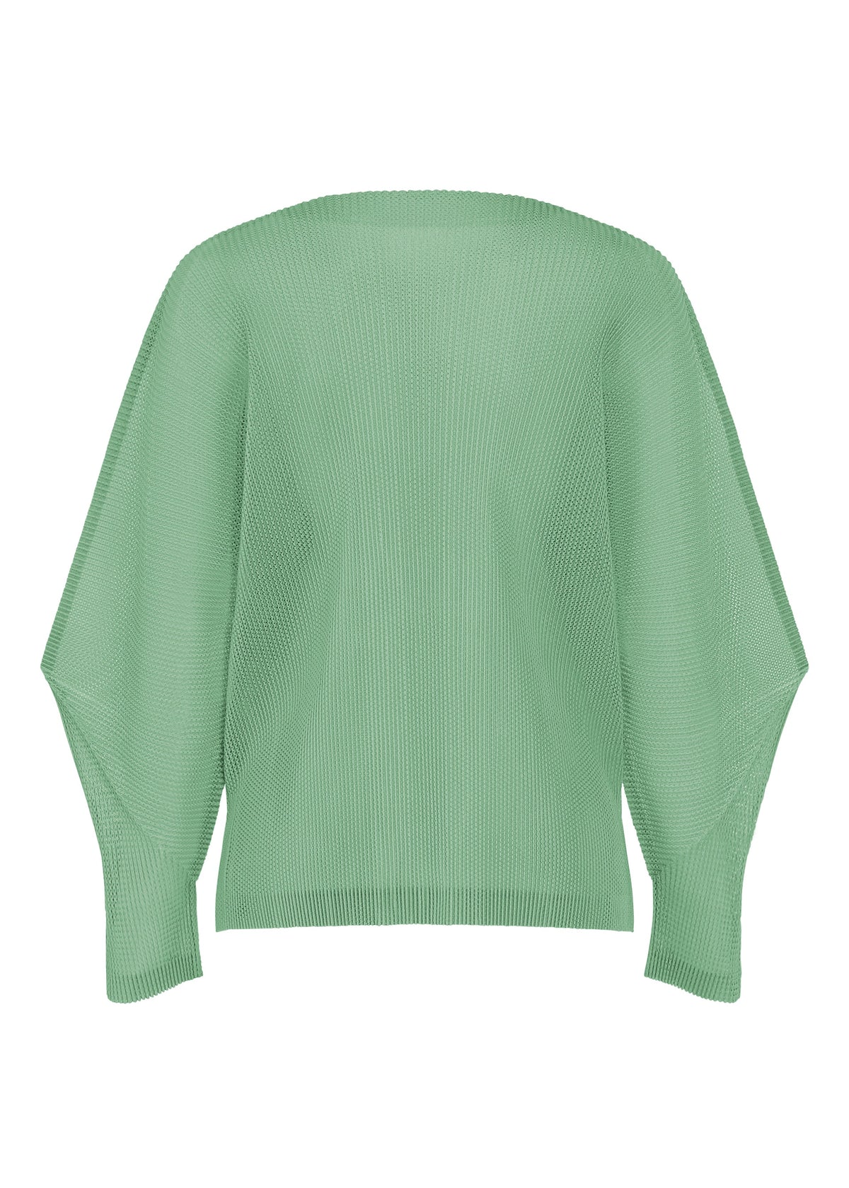 The TATAMI AUGUST by PLEATS PLEASE ISSEY MIYAKE is a light green, long-sleeve knit sweater featuring a loose fit, wide neckline, and ribbed texture. Evoking cool-feeling colors, it is displayed on a plain white background. view 4 of 9