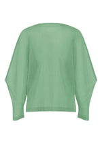The TATAMI AUGUST by PLEATS PLEASE ISSEY MIYAKE is a light green, long-sleeve knit sweater featuring a loose fit, wide neckline, and ribbed texture. Evoking cool-feeling colors, it is displayed on a plain white background.