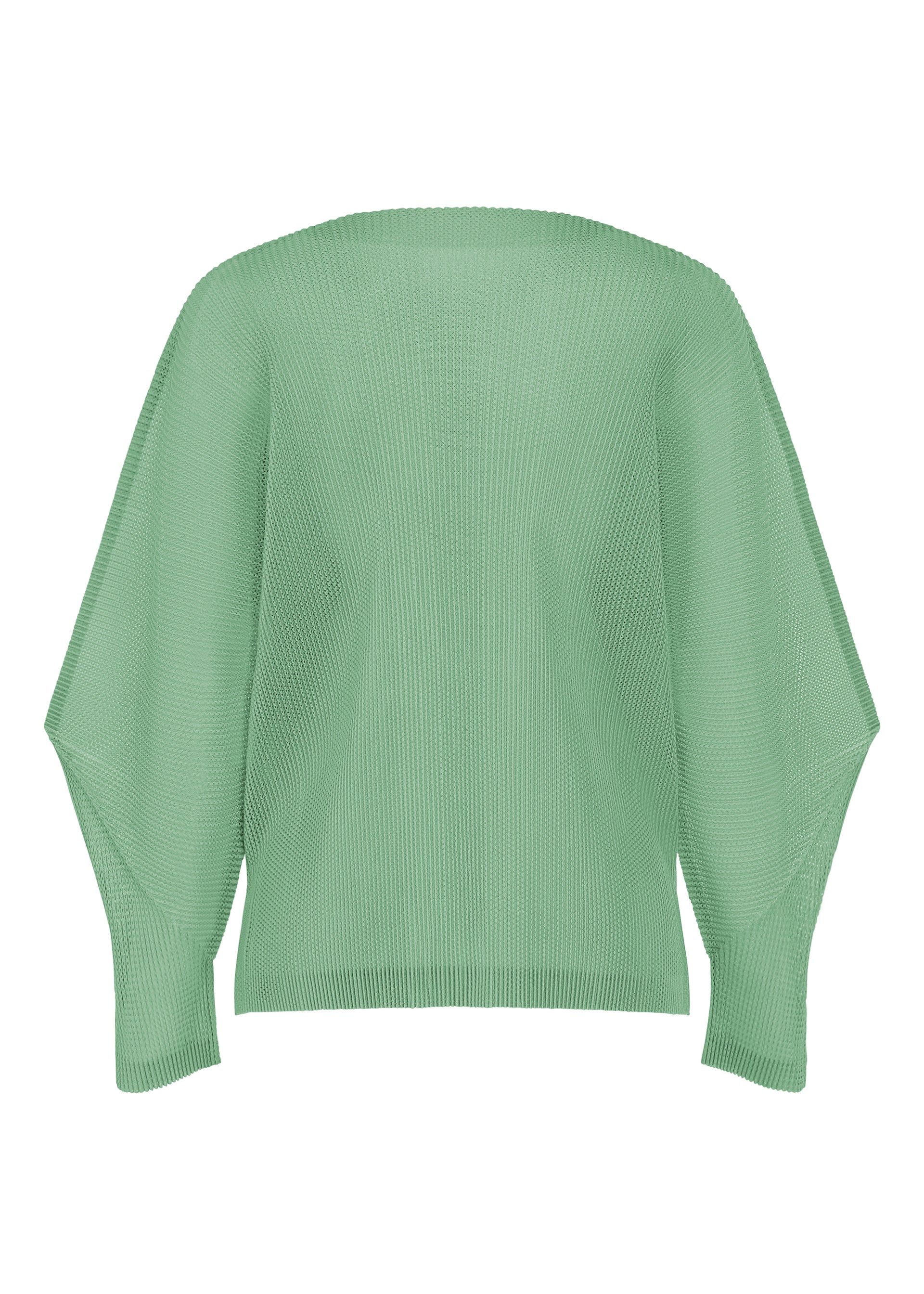 Zoomed view The TATAMI AUGUST by PLEATS PLEASE ISSEY MIYAKE is a light green, long-sleeve knit sweater featuring a loose fit, wide neckline, and ribbed texture. Evoking cool-feeling colors, it is displayed on a plain white background.