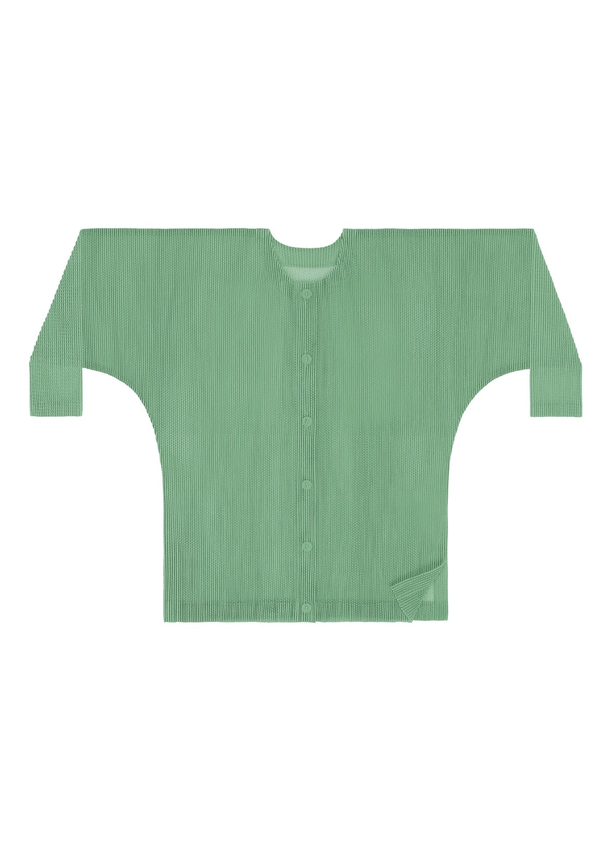 The TATAMI AUGUST cardigan from PLEATS PLEASE ISSEY MIYAKE is a light green, long-sleeved button-up piece featuring subtle vertical stripes. Displayed flat on a white background, it showcases cool-feeling colors that evoke a fresh and refined look. view 5 of 9