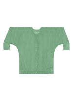 The TATAMI AUGUST cardigan from PLEATS PLEASE ISSEY MIYAKE is a light green, long-sleeved button-up piece featuring subtle vertical stripes. Displayed flat on a white background, it showcases cool-feeling colors that evoke a fresh and refined look.