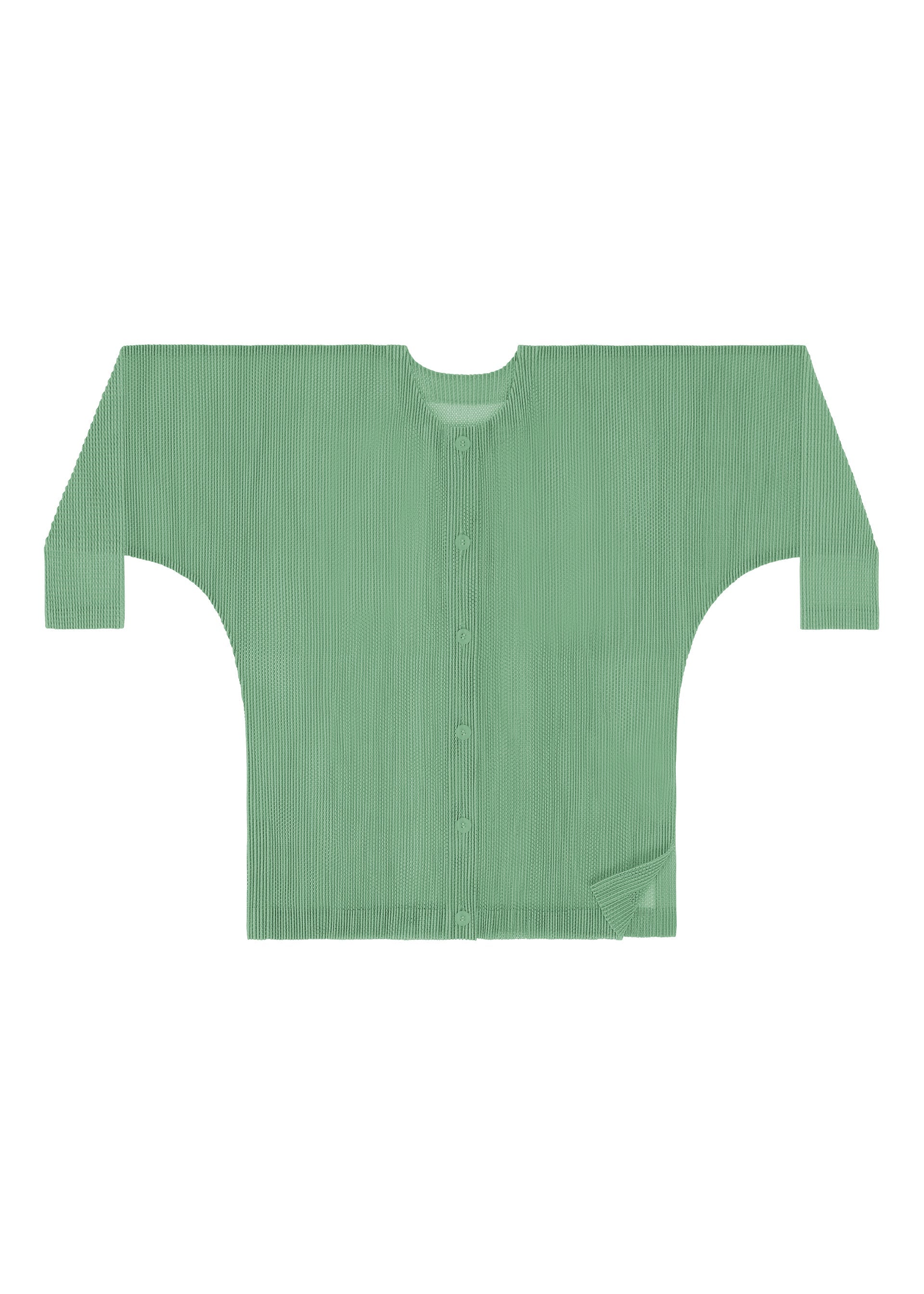 Zoomed view The TATAMI AUGUST cardigan from PLEATS PLEASE ISSEY MIYAKE is a light green, long-sleeved button-up piece featuring subtle vertical stripes. Displayed flat on a white background, it showcases cool-feeling colors that evoke a fresh and refined look.