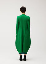 Wearing the MONTHLY COLORS : OCTOBER dress by PLEATS PLEASE ISSEY MIYAKE, a person with short dark hair and black boots stands facing away against a plain white background in a pleated green outfit and color block coat.