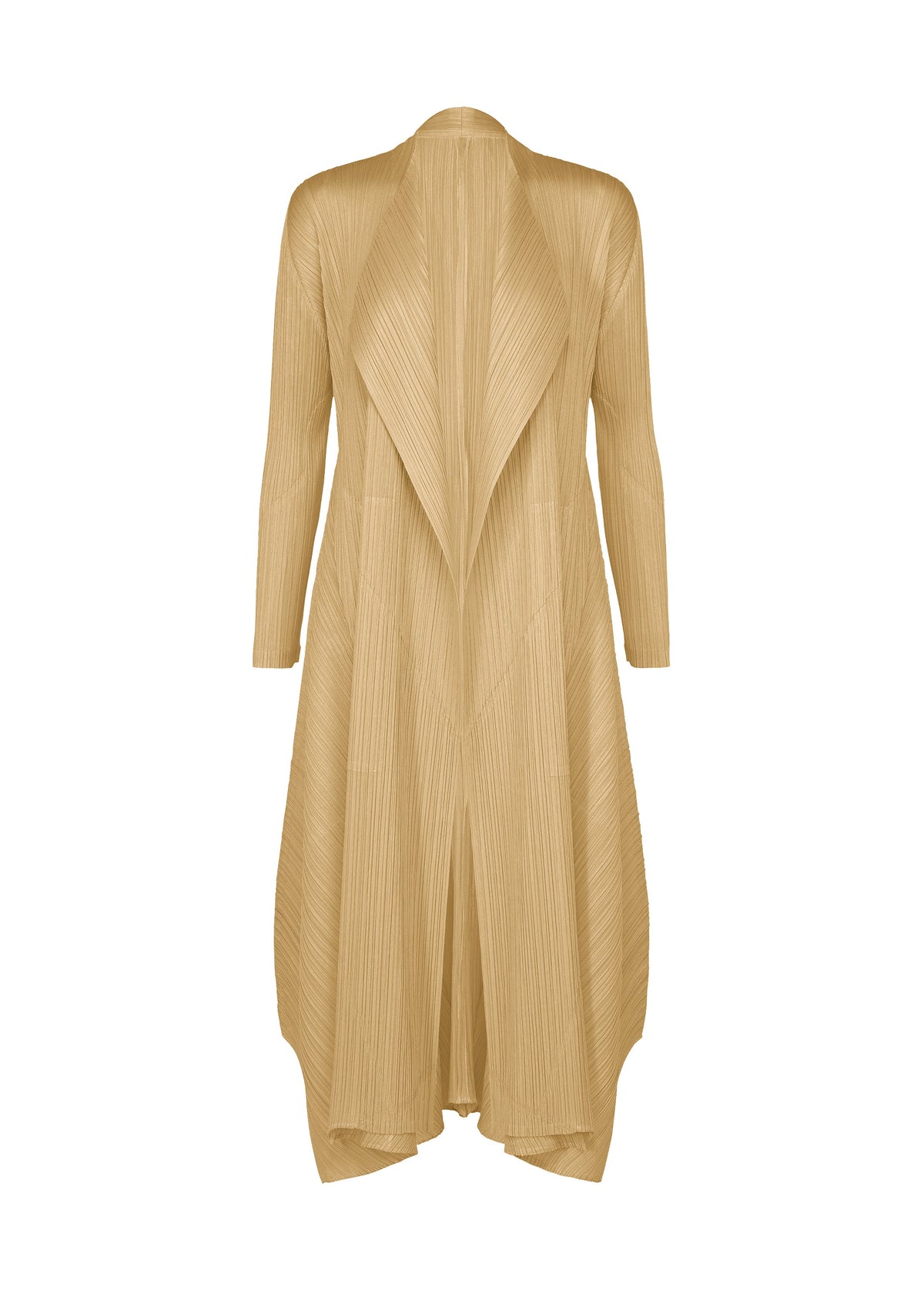 The MONTHLY COLORS : OCTOBER by PLEATS PLEASE ISSEY MIYAKE is a long gold pleated color block coat with long sleeves, draped lapels, textured fabric, and an asymmetrical hem—ideal for seasonal outerwear. view 1 of 11