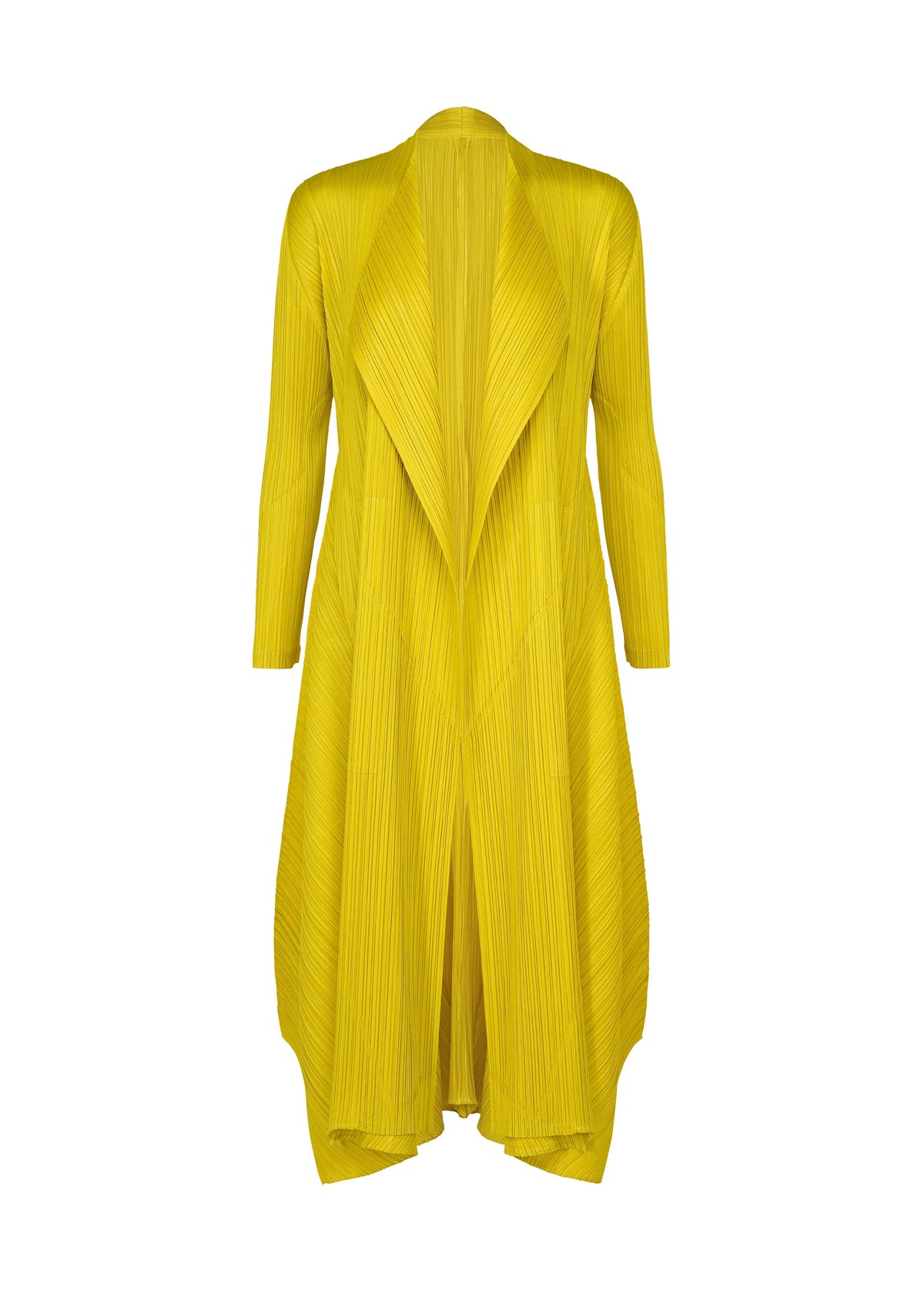 The MONTHLY COLORS : OCTOBER by PLEATS PLEASE ISSEY MIYAKE is a bright yellow pleated color block coat with an open front, pointed lapels, asymmetrical hemline, and textured crinkled fabric. view 2 of 11