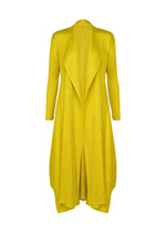 The MONTHLY COLORS : OCTOBER by PLEATS PLEASE ISSEY MIYAKE is a bright yellow pleated color block coat with an open front, pointed lapels, asymmetrical hemline, and textured crinkled fabric. - YELLOW OCHER （no.55）