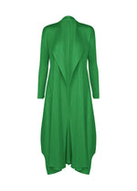 The MONTHLY COLORS : OCTOBER coat by PLEATS PLEASE ISSEY MIYAKE is a long-sleeved, emerald green color block piece with an asymmetrical draped front, mid-length hem, vertical texture lines, and elegant pleats. - GREEN （no.62）