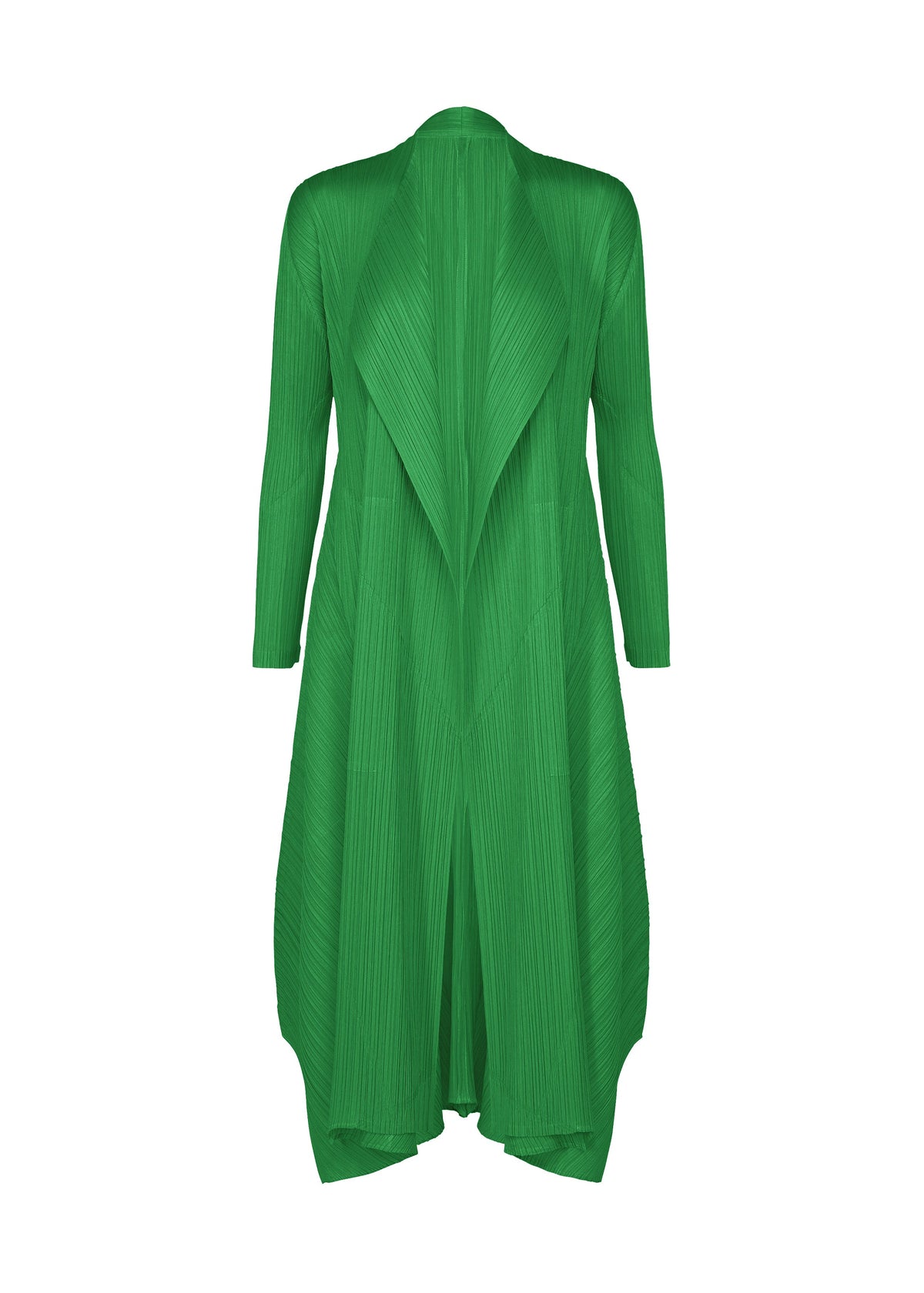 Zoomed view The MONTHLY COLORS : OCTOBER coat by PLEATS PLEASE ISSEY MIYAKE is a long-sleeved, emerald green color block piece with an asymmetrical draped front, mid-length hem, vertical texture lines, and elegant pleats. - GREEN （no.62）